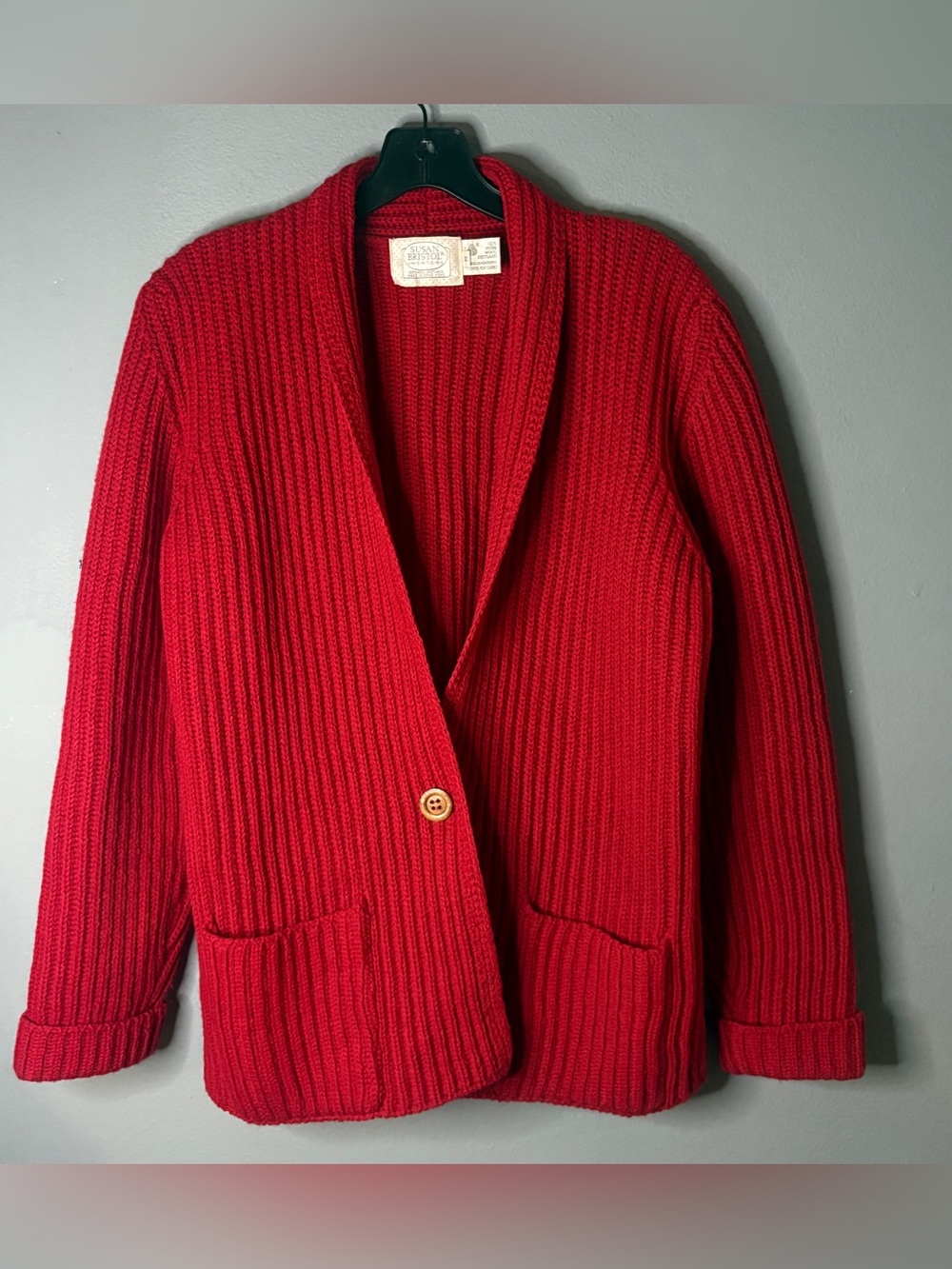 Susan Bristol Red Shawl Collar Ribbed Knit Cardigan